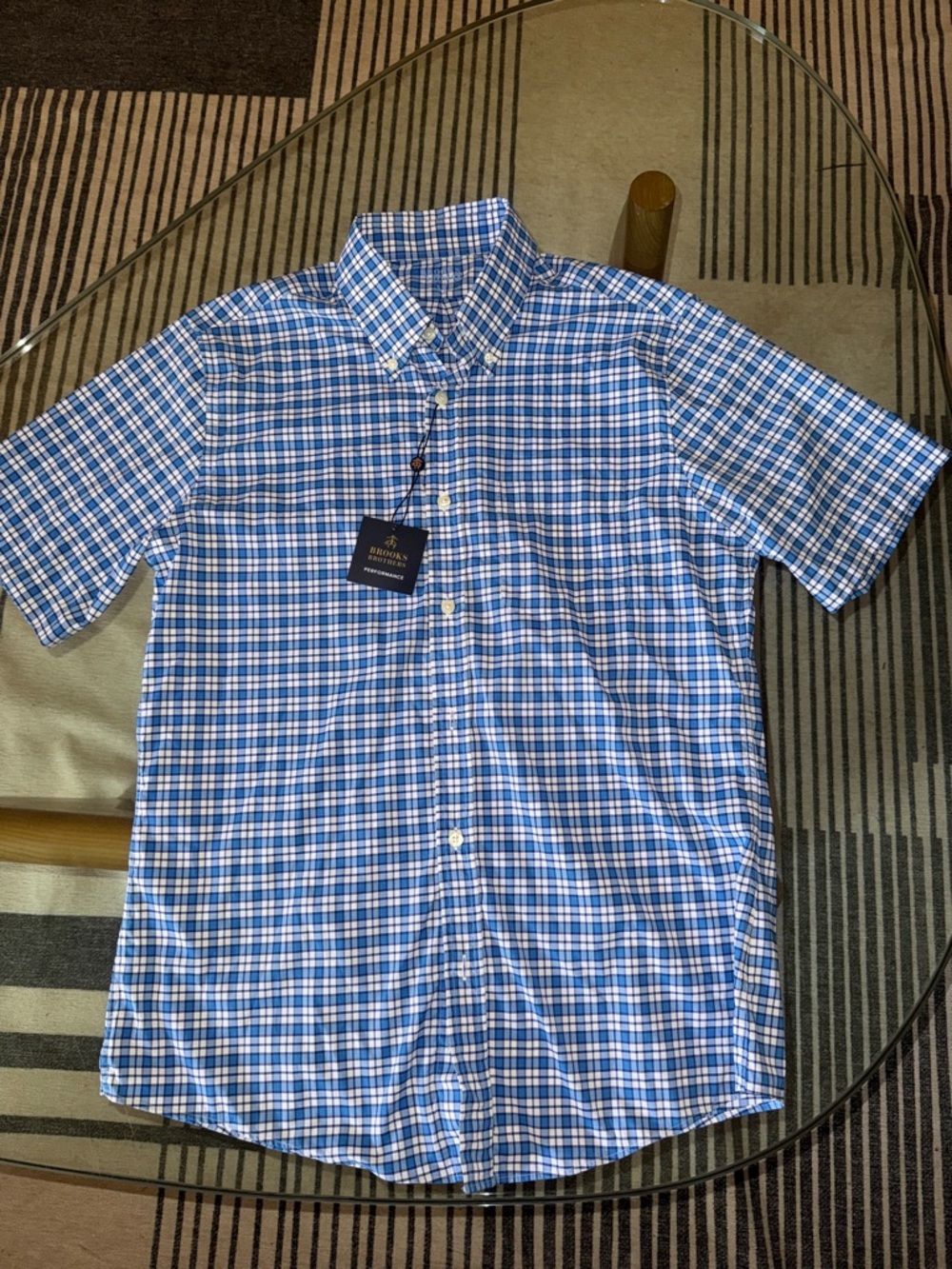 NWT Brooks Brothers Blue and White Plaid Short-Sleeve Button-Down Shirt